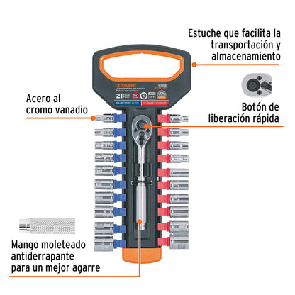 Truper JD-1/4X21MP, Juego de dados milimétricos y estandar con matraca cuadro 1/4"