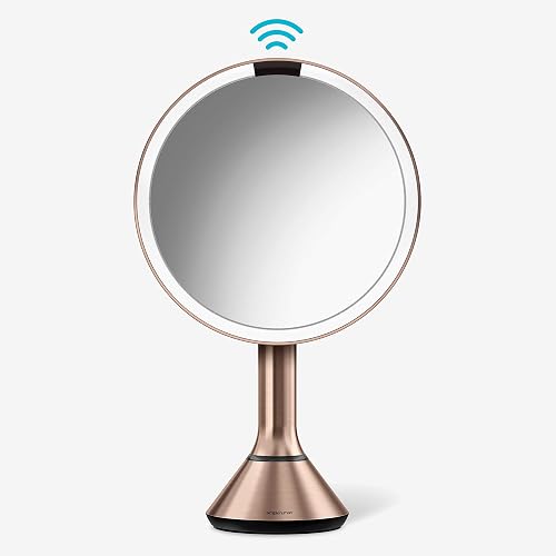 simplehuman - Espejo de maquillaje con sensor redondo de 8 pulgadas con control táctil, ajuste de luz doble, aumento 5x, recargable y sin cable, acero inoxidable dorado rosa