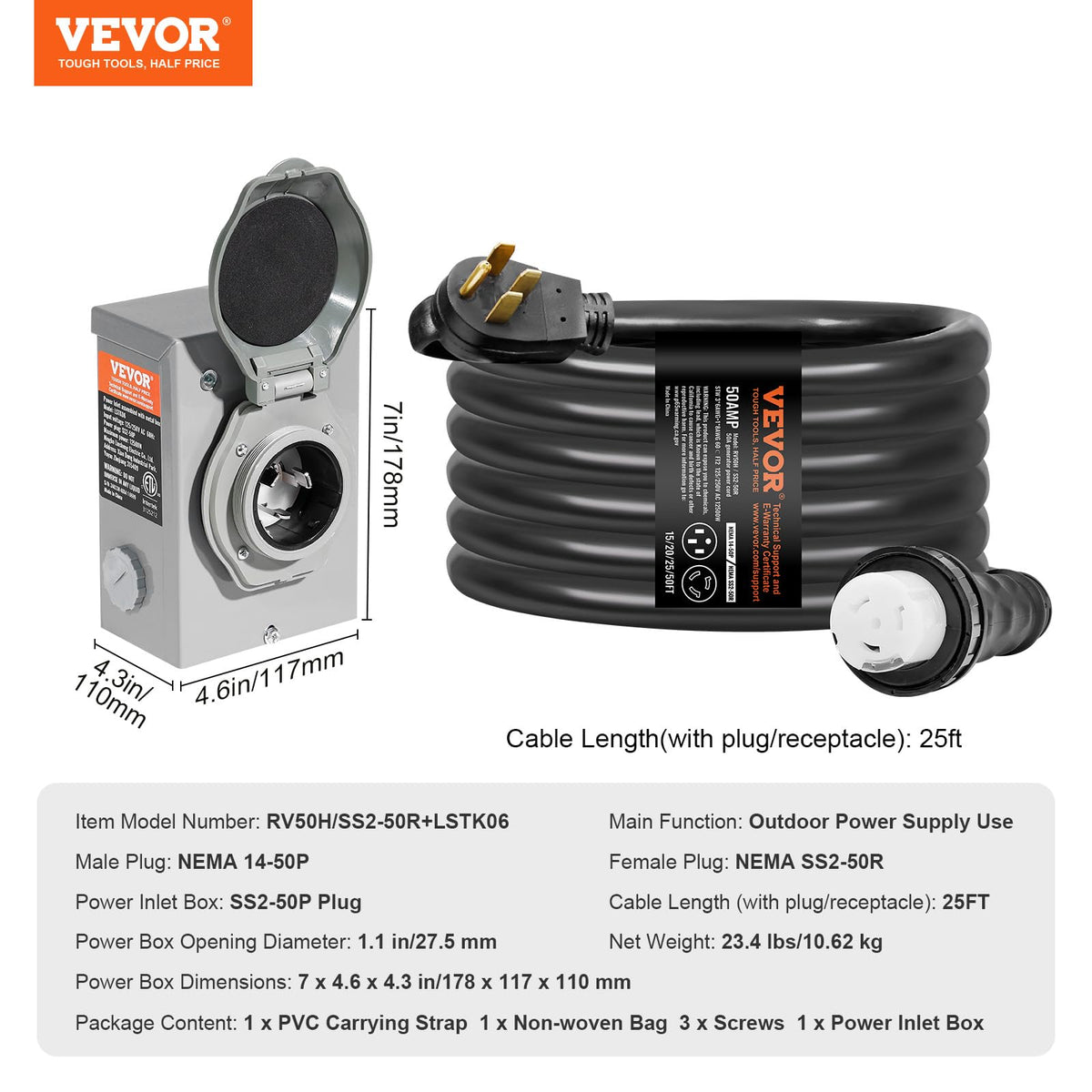 VEVOR Kit de Cable de generador de 50 A y Caja de Entrada de energía, 7,62 m (25 pies), Cable de alimentación de generador NEMA 14-50P/SS2-50R STW 6/3+8/1 AWG con Conector de Bloqueo Giratorio