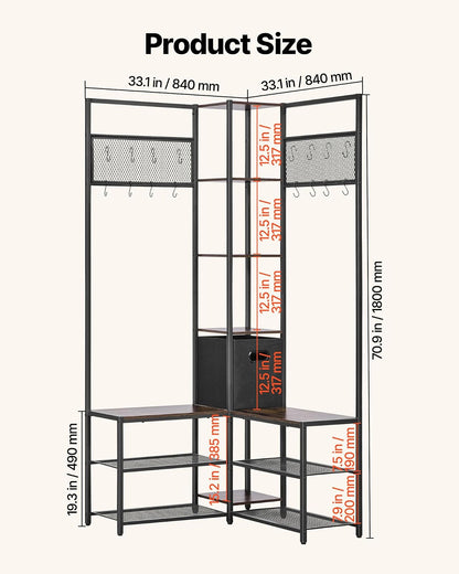 VEVOR Perchero de Esquina 180 cm, Organizador de Ropa con Ganchos Banco Zapatero y Estantes para Abrigos Bolsos Calzado, Armario Abierto para Entrada Pasillos Dormitorio Salón, Marrón Rústico y Negro