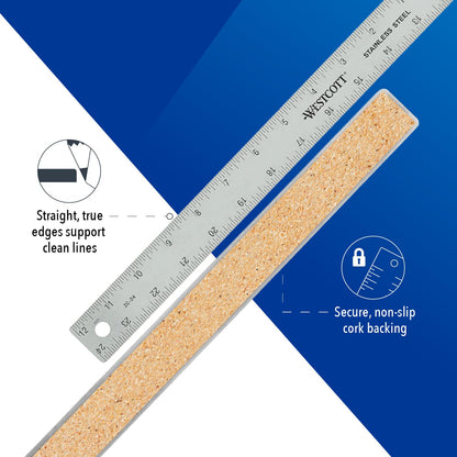 Westcott ZC-24 Zero Center Regla de Metal Acero Inoxidable | 24 pulgadas, base de corcho antideslizante, escala de centrado cero, marcas 1/16 y métricas