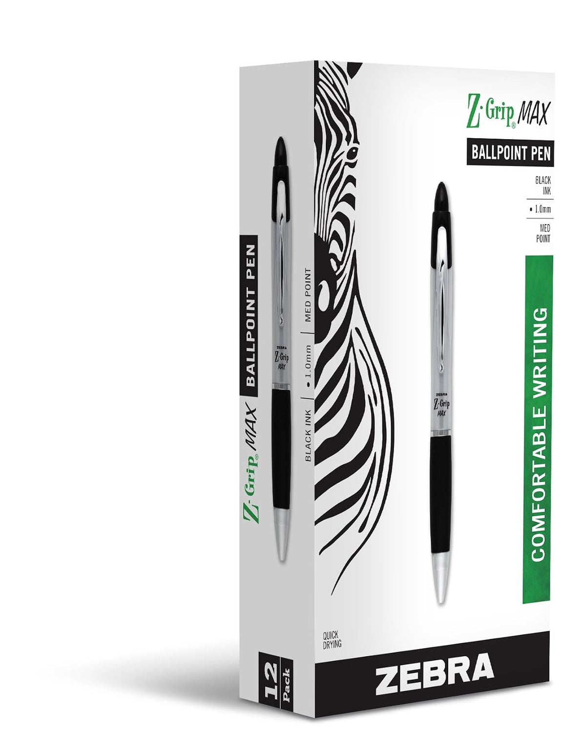 Zebra Z-Grip MAX Retractable Ballpoint Pen, Medium Point, 1.0 mm, Clear Barrel, Black Ink, 12-Count (22410)