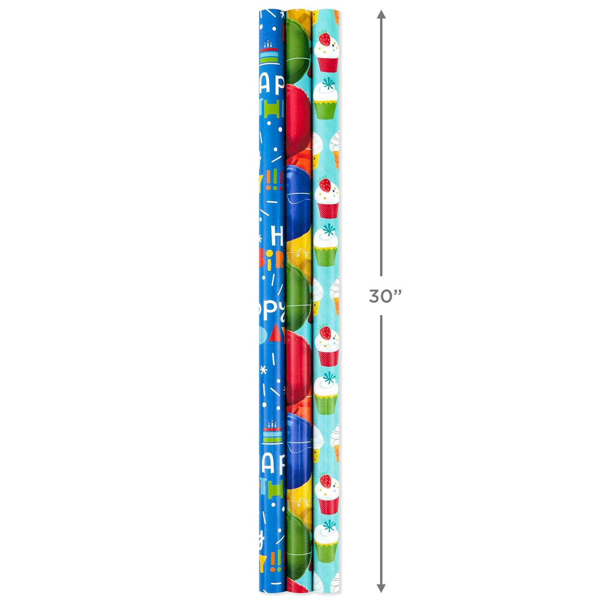 Hallmark - Rollos de papel de regalo de cumpleaños, globos, estrellas, magdalenas, rayas azules, papel de regalo rojo sólido (juego de 3 rollos reversibles: 75 m2 pies ttl.)