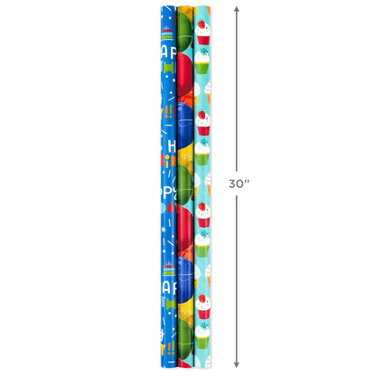Hallmark - Rollos de papel de regalo de cumpleaños, globos, estrellas, magdalenas, rayas azules, papel de regalo rojo sólido (juego de 3 rollos reversibles: 75 m2 pies ttl.)