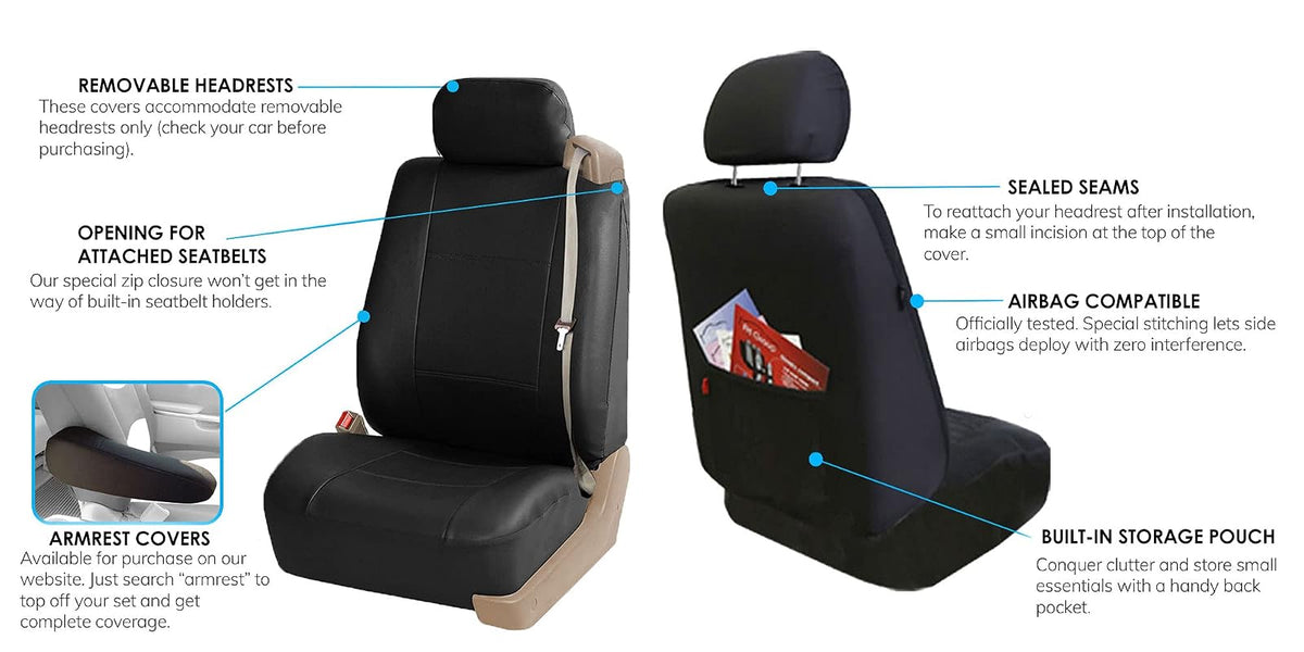 FH GROUP PU309BLACK102 Black Front PU Leather Seat Cover, Set of 2 (Set Built In Seat Belt Compatible Airbag Ready)