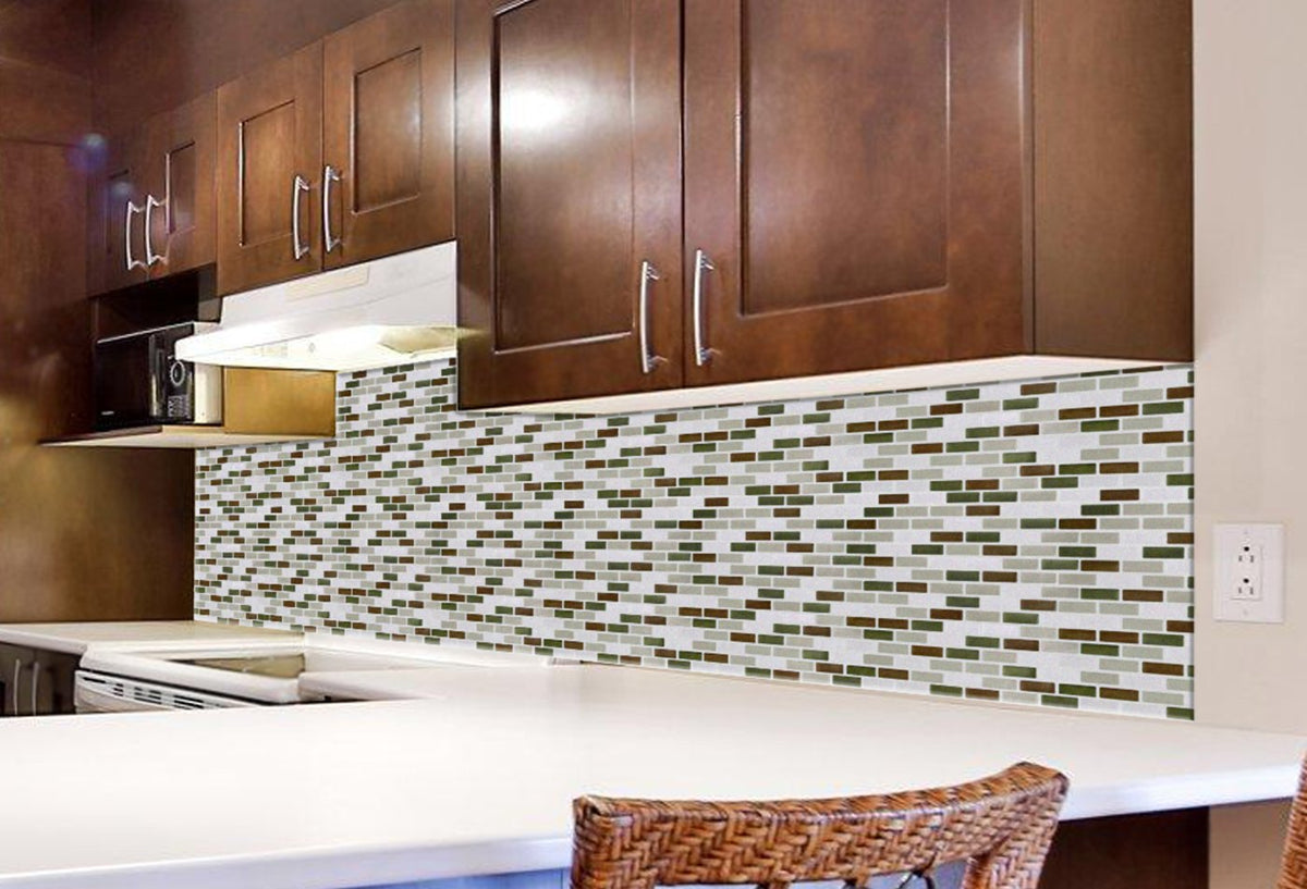 Peel and Impress - Easy DIY Peel and Stick Adhesive Tiles, Green Brown Oblong, 11" x 9.25" (4 Tiles)