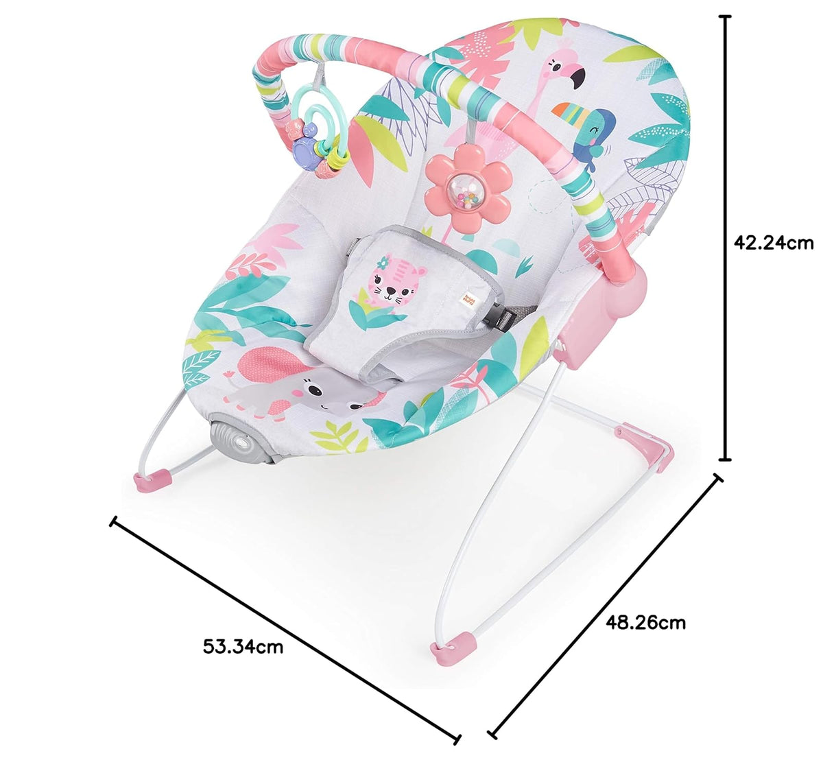 Bright Starts Bouncer Silla Mecedora de Flamingo para Bebé, Vibraciones relajantes, Arnés de 3 puntos, de 0 a 6 meses