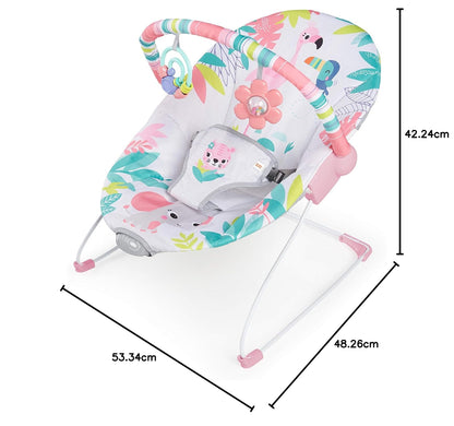 Bright Starts Bouncer Silla Mecedora de Flamingo para Bebé, Vibraciones relajantes, Arnés de 3 puntos, de 0 a 6 meses