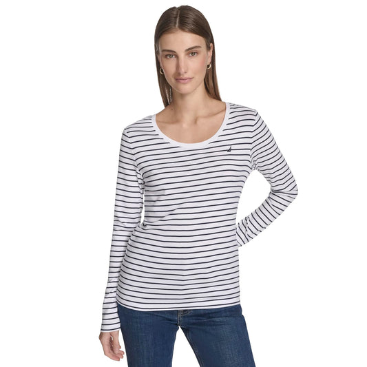 Nautica - Playera de Manga Larga a Rayas con Cuello Redondo para Mujer