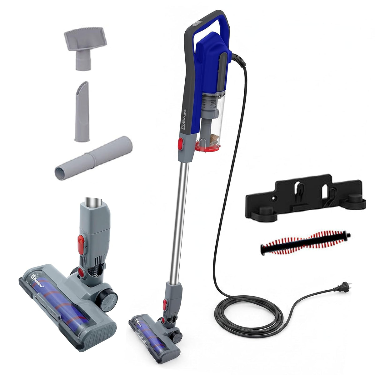 Koblenz Aspiradora Stick Sagittarius 3 en 1 de 600W, Aspiradora de Mano y de Bastón de 1.75 L, con Rodillo Eléctrico para Pelo de Mascota, Alfombra, Autos, etc., Motor Ciclónico, Gris/Azul SVK-631