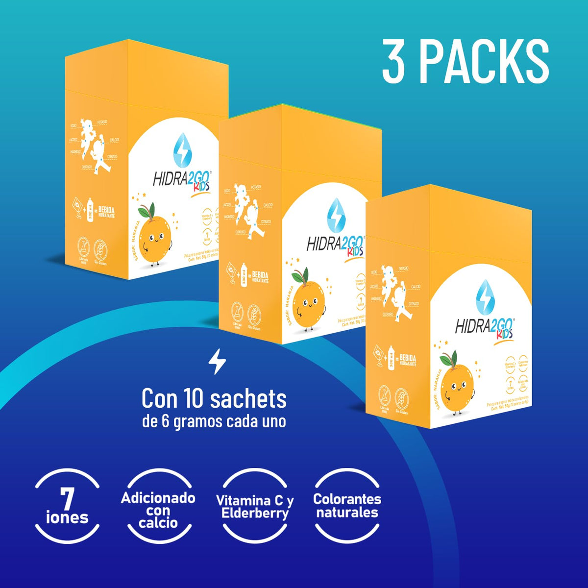 Hidra2go | Electrolitos Para Niños | Electrolitos En Sobre | Sabor Naranja | Electrolitos En Polvo Sin Azúcar | Pack 3 Cajas De 10 Sobres de 5 G | Cada Sobre Rinde 380Ml
