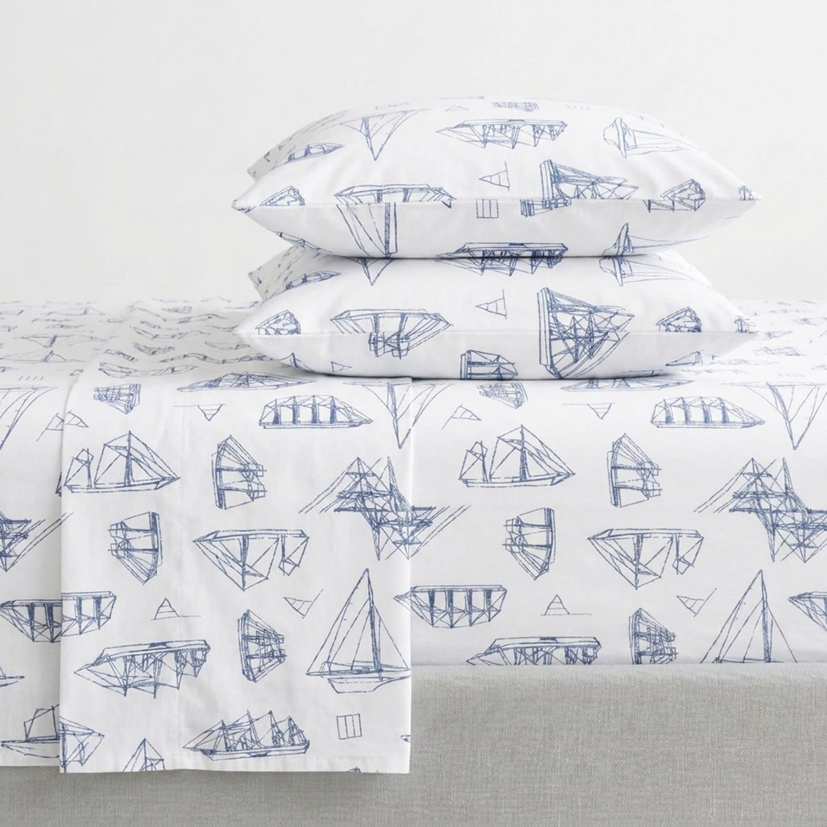Nautica - Juego de sábanas de algodón percal con Funda de Almohada a Juego, elástico, Esenciales para recámara (Azul Vela de Madera Blanca)