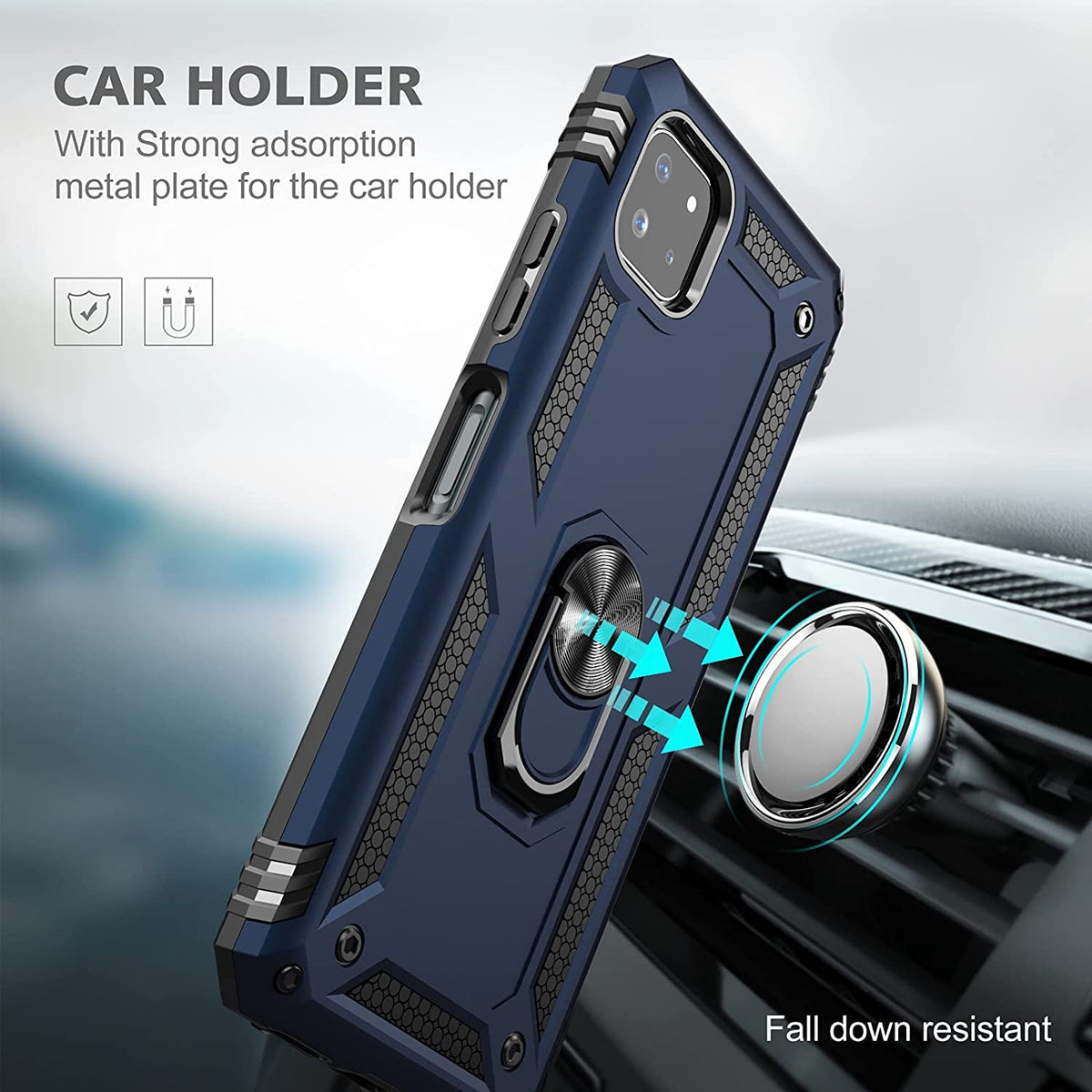 BestMX Funda para Samsung Galaxy A22 (5G Version) Case + Protector de Pantalla de Cristal Templado + Lens Mica, Híbrida Rugged Protección Dual Layer Bumper Carcasa con Pie De Apoyo, Azul