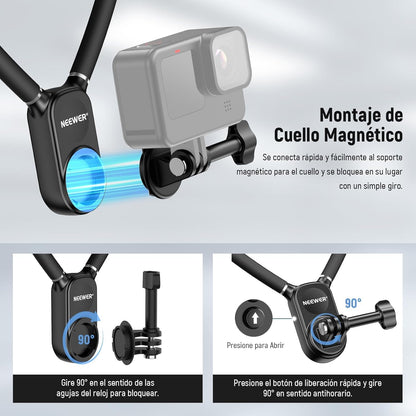 NEEWER Soporte Magnético para Cuello Cámaras Acción & Móvil, GP15 | Compatible con GoPro DJI Insta360 iPhone Samsung; Liberación Rápida; Adaptador Flexible Cámaras Acción POV & Soporte Móvil