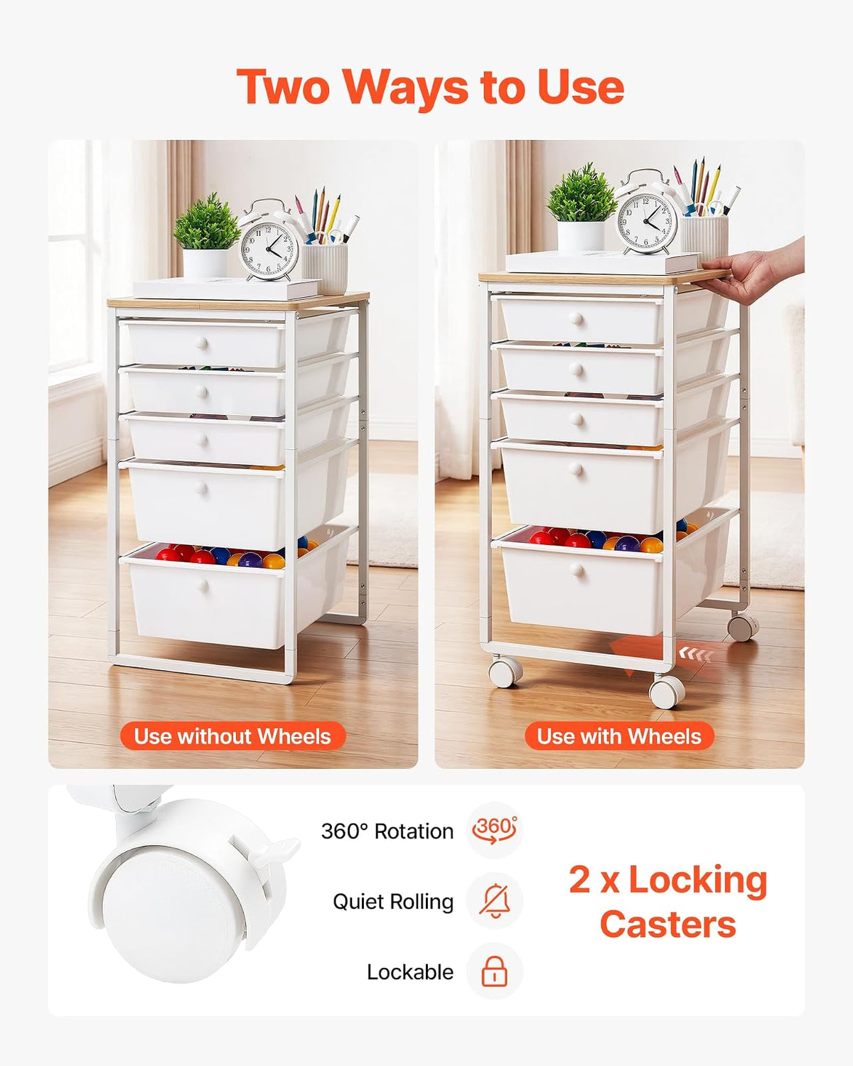 VEVOR Carrito Organizador de Metal con 5 Cajones, Carrito Almacenamiento | con Ruedas Giratorias de 360° y 2 Frenos, Tapa de Madera, Destornillador para Garaje Manualidades Baño Oficina Dormitorio