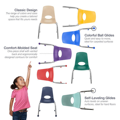 FDP - Silla escolar de 14 pulgadas, asiento apilable para estudiantes con patas de acero chapado en cromo y deslizamientos de bola; para aprendizaje en casa o aula, color gris claro (paquete de 6