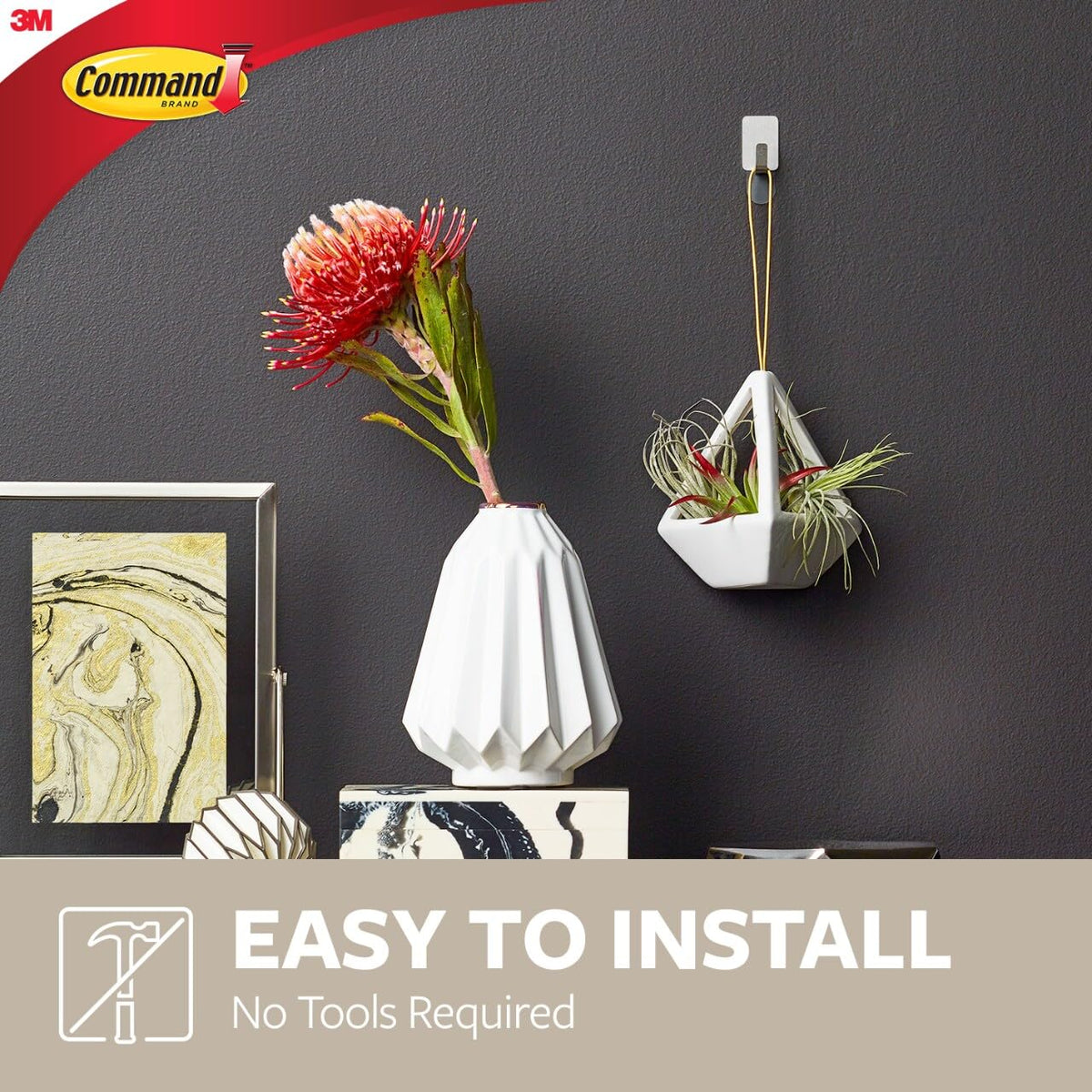 Command Pequeños ganchos de metal de acero inoxidable, 8 ganchos, 10 tiras, ideales para decoración de recámara
