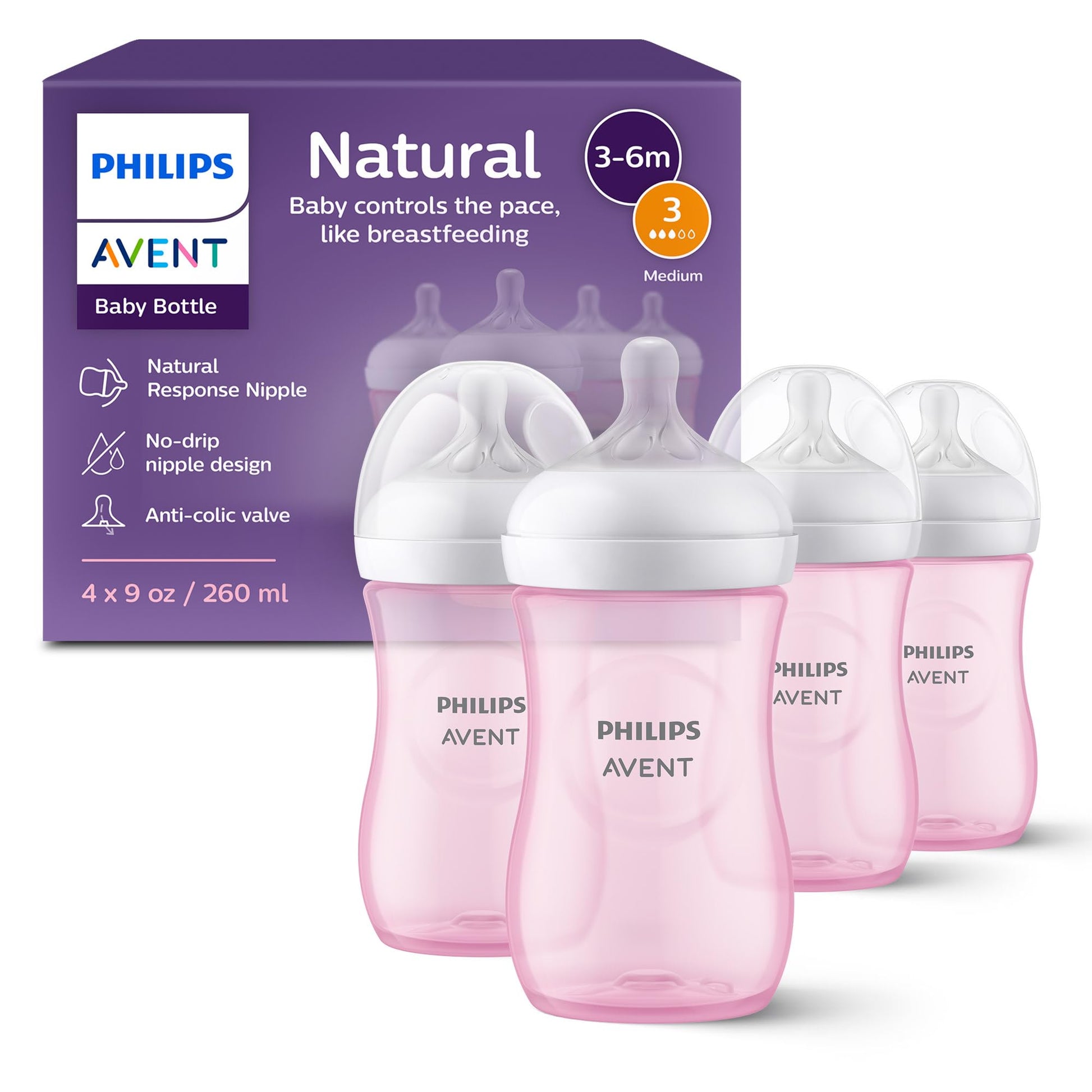 Philips Avent Biberón Natural Response con válvula anticólicos, color rosa, 9 oz/260 ml, 1 ml+, Flujo 3 Medio. 4 piezas, SCY903/14