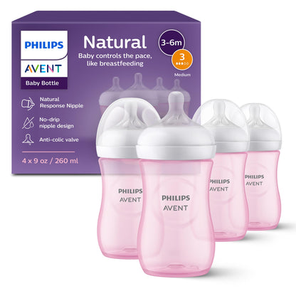 Philips Avent Biberón Natural Response con válvula anticólicos, color rosa, 9 oz/260 ml, 1 ml+, Flujo 3 Medio. 4 piezas, SCY903/14
