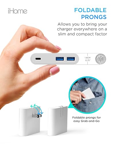 iHome Cargador de Pared USB multipuerto 32 W AC Pro: estación de Carga para Varios Dispositivos con 3 Puertos USB (1 USB-C, 2 USB-A): Carga rápida, compatibilidad Universal