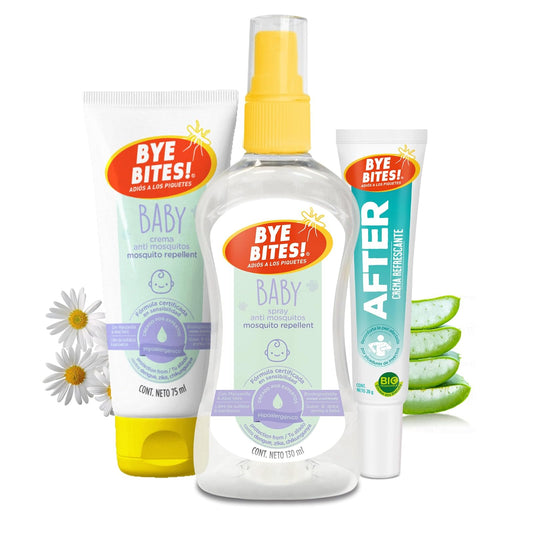 BYE BITES Spray Repelente de Mosquitos para Bebe BABY 130 ml + Crema Repelente de Insectos BABY 75 ml + Crema Post Piquetes AFTER 20 g - Con Manzanilla y Aloe Vera - Suave Aroma a Bebe - En TRIPACK