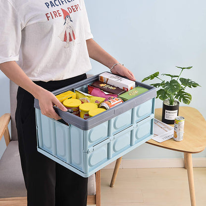 Contenedores de almacenamiento con tapa, paquete de 2 cajas de almacenamiento plegables de 30 litros, cajas de almacenamiento apilables plegables para ropa, juguetes, color azul