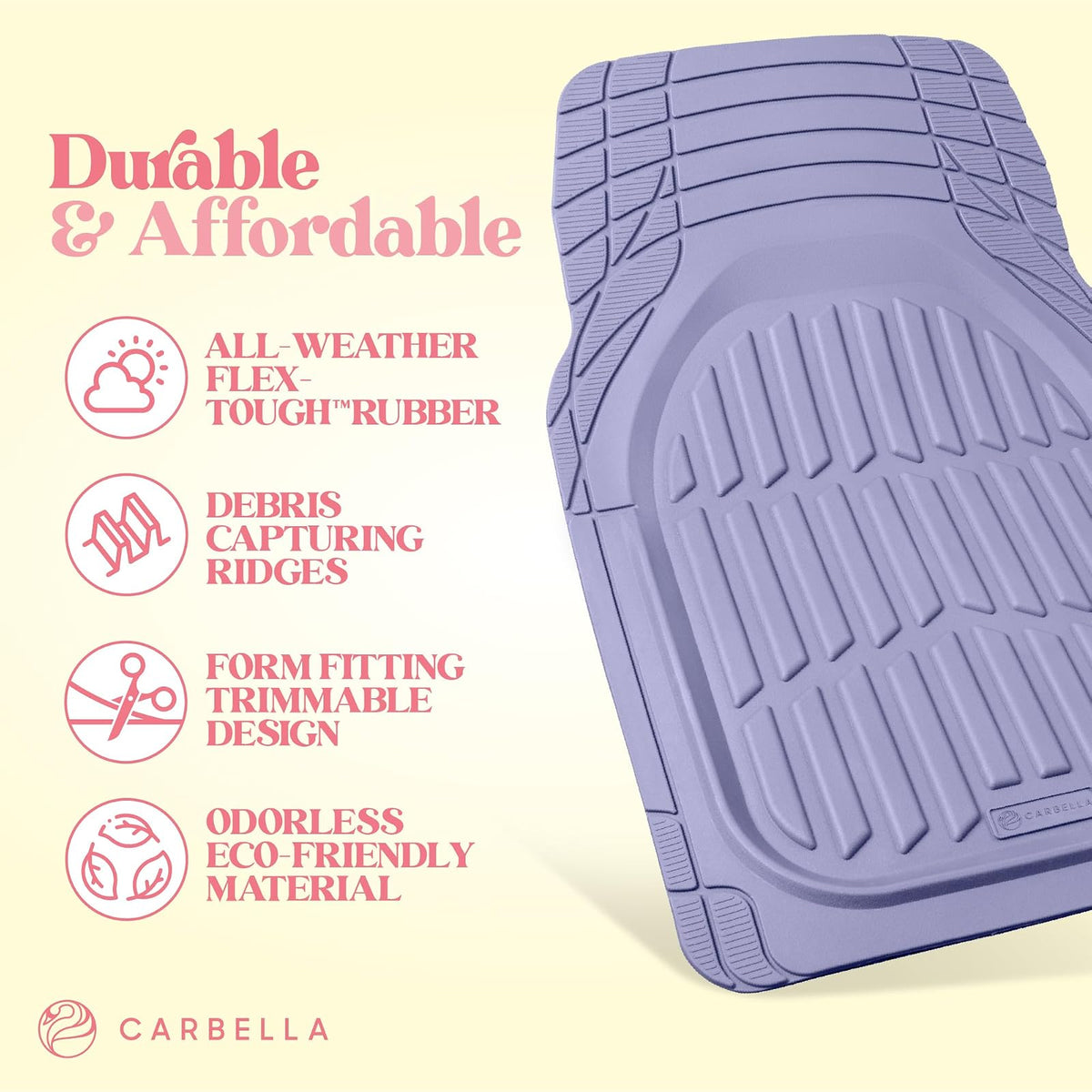 Carbella Alfombrillas de Goma Lavanda de 4 Piezas de Ajuste Universal para Auto, CBMT-923
