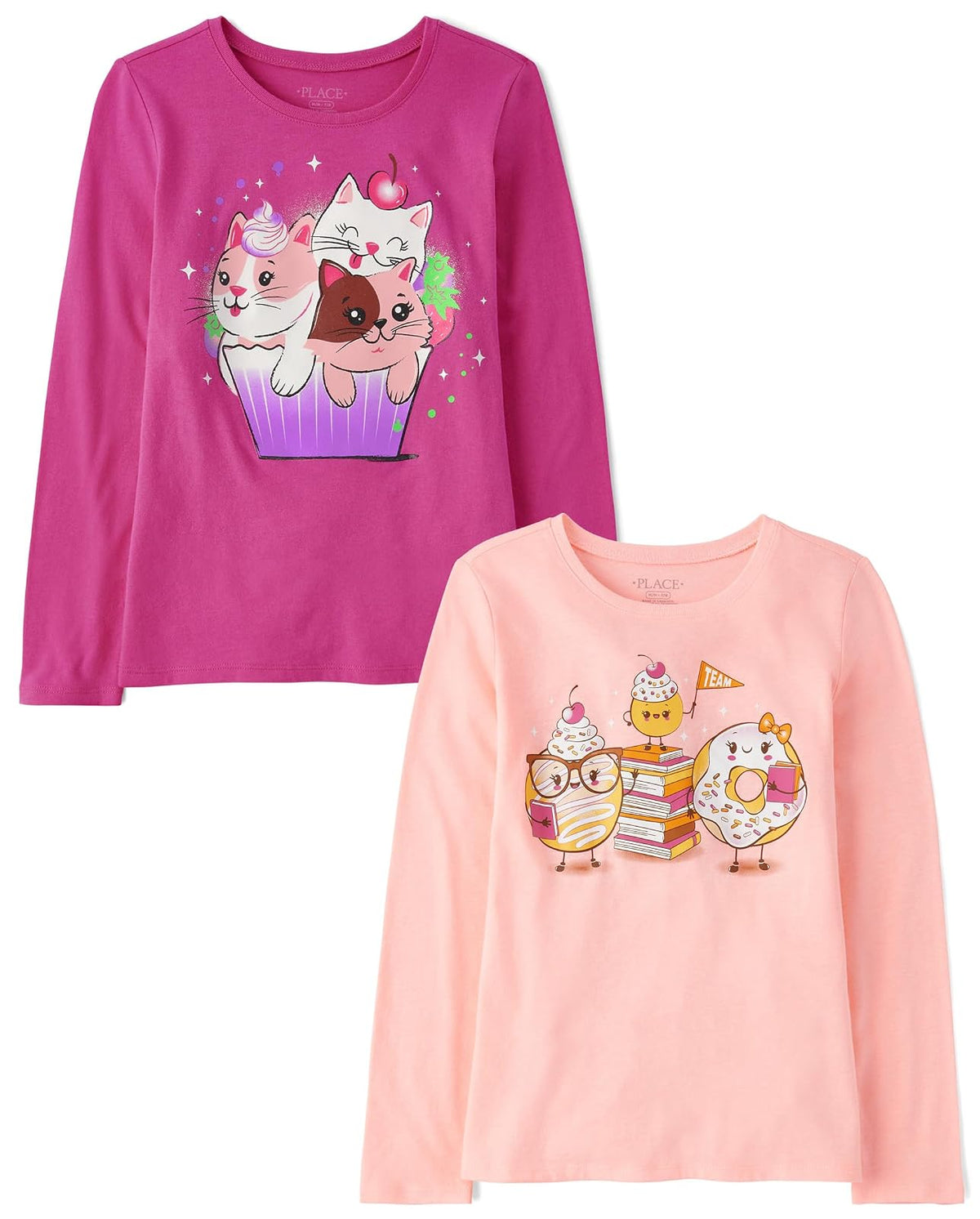 The Children's Place Camiseta Gráfica Manga Larga Niña, Paquete de 2 - Cupcakes de Donuts - Gatito - M