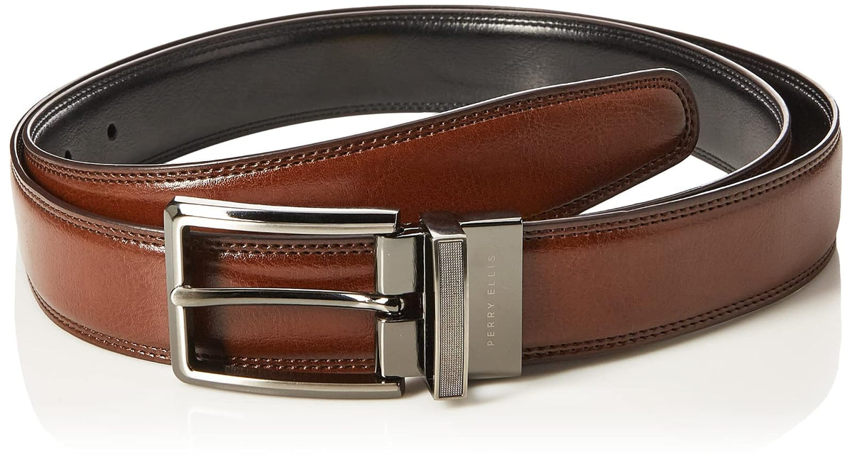 Perry Ellis Cinturón reversible de piel de doble costura (tallas 30-42 pulgadas) CinturónHombre