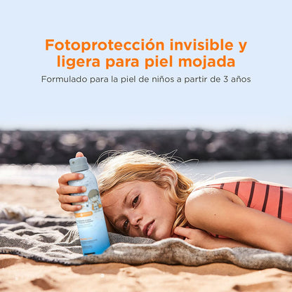 ISDIN fotoprotector transparent spray wet skin pediatrics spf 50, protector solar corporal para ninos, textura invisible y ligera para piel mojada, 250ml