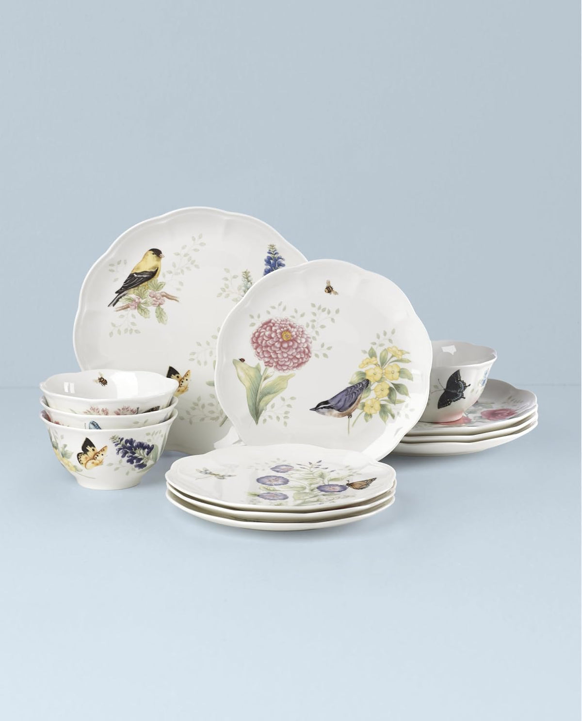 Lenox Vajilla Butterfly Meadow Flutter 12 Piezas para 4 Comensales, Porcelana Blanca, Diseños de Aves, Apta para Microondas