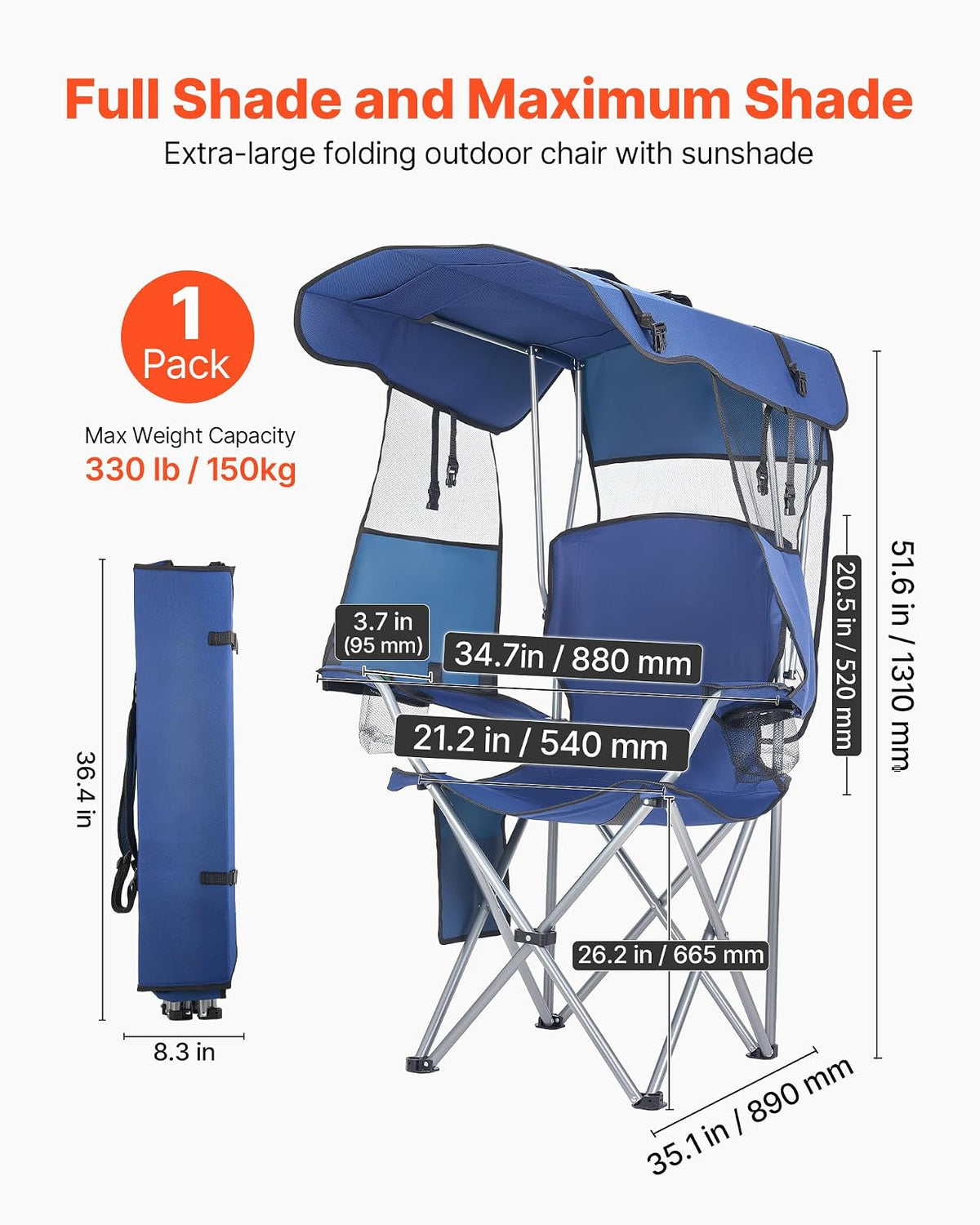 VEVOR Silla de Camping Plegable con Sombrilla Capacidad Máxima de 150 kg, Silla de Camping Portátil con Toldo Tela Oxford, Compartimento para Revistas, Portavasos y Bolsillo para Exteriores Pesca