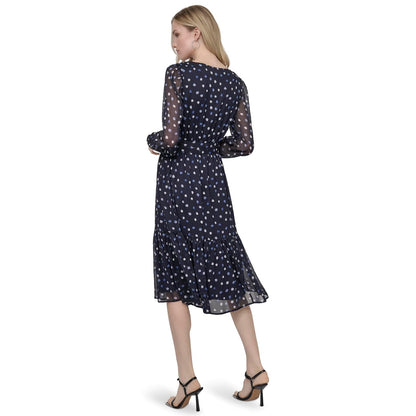 DKNY Long Sleeve V-Neck Tie Waist Midi Dress Vestido Mujer