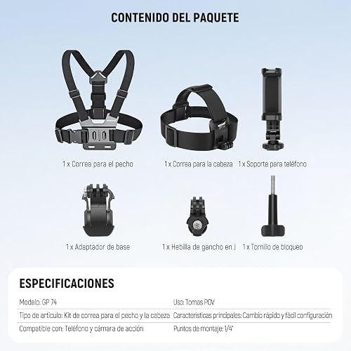 NEEWER Arnés Pecho Montaje Teléfono Correa Cabeza, Kit Accesorios Liberación Rápida Videollamadas Grabación Filmación, Compatible con iPhone GoPro Hero Insta360 dji AKASO Action Camera, GP-74
