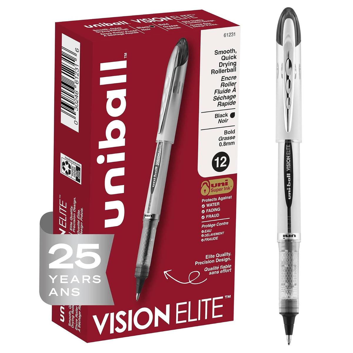 Uni-ball Vision Elite Bolígrafo Rollerball, Tinta Resistente al Agua - Negro - 12 Count (Pack of 1) - 0,8 mm Bold