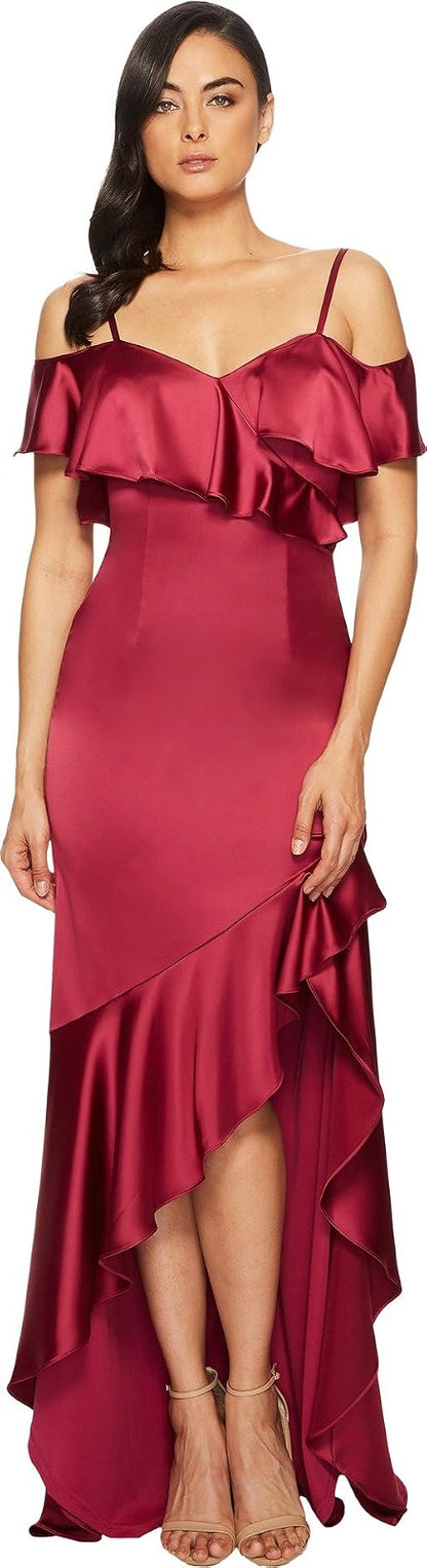 Adrianna Papell Satin Spaghetti Strap Ruffled Long Dress VestidoMujer