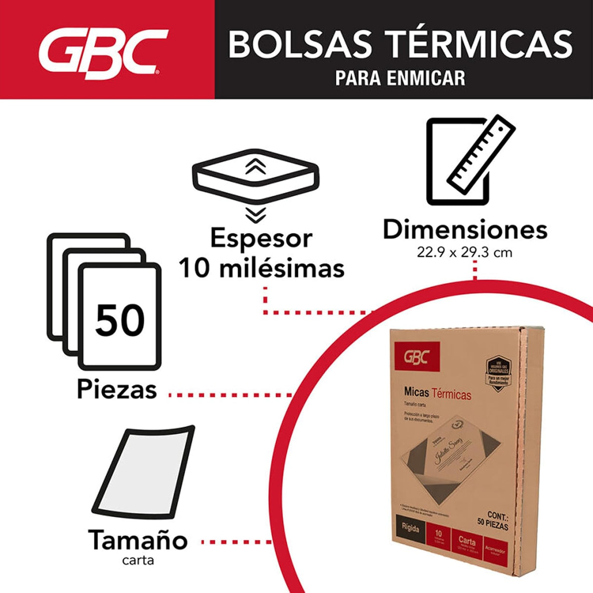 GBC Mica Térmica Rígida Carta 10 Mil Caja con 50 Piezas