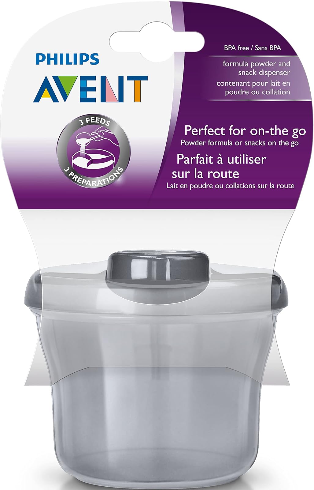 Philips AVENT Powder Formula Dispenser and Snack Cup, Grey | Diseño de 3 compartimentos, tapa giratoria, apta para viajes, sin BPA, apto para lavaplatos, apto para microondas, SCF135/18