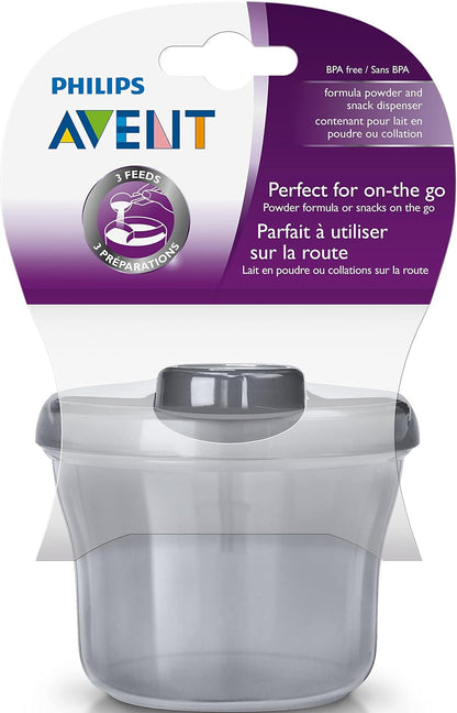 Philips AVENT Powder Formula Dispenser and Snack Cup, Grey | Diseño de 3 compartimentos, tapa giratoria, apta para viajes, sin BPA, apto para lavaplatos, apto para microondas, SCF135/18