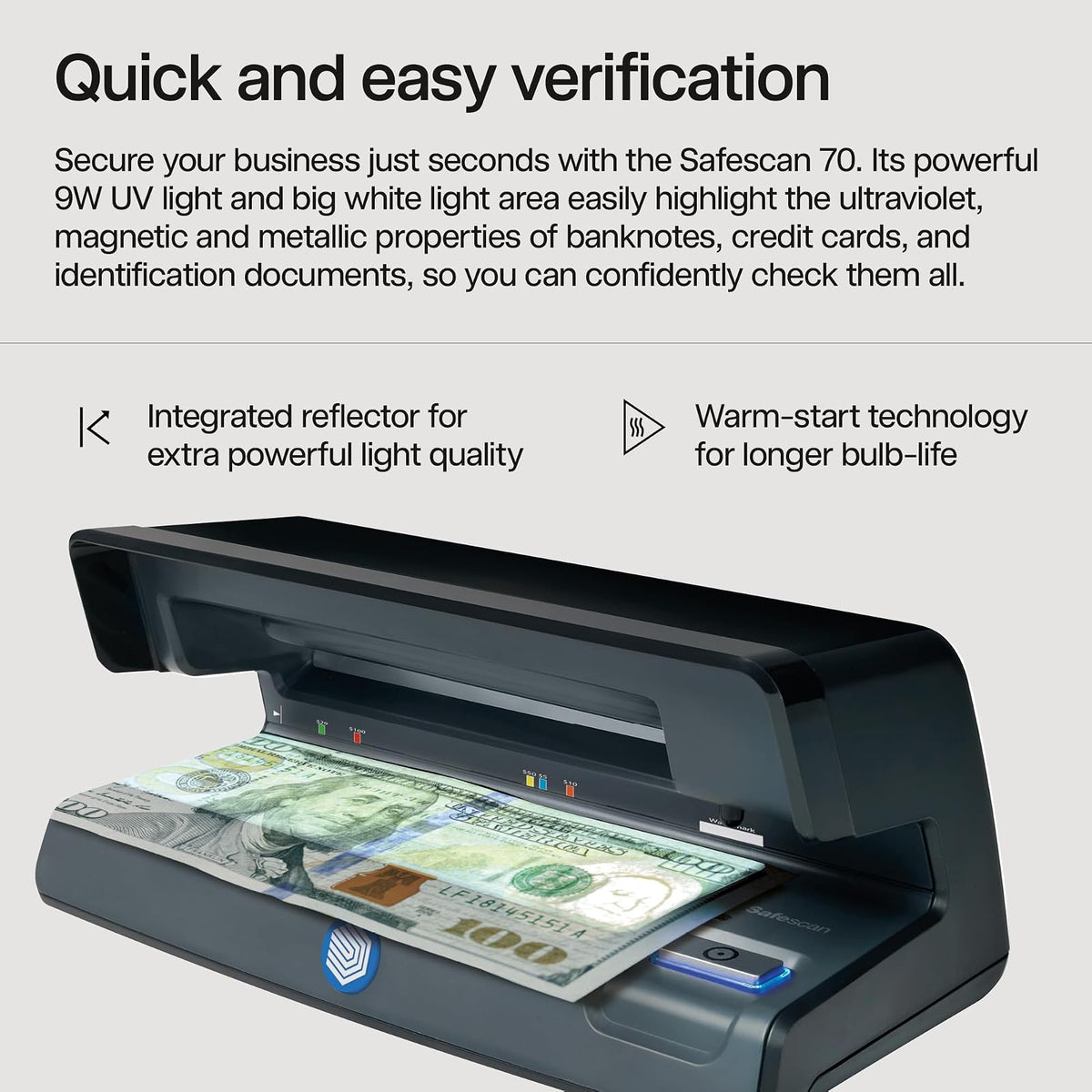 Safescan Detector de billetes falsificados UV, huella pequeña, ligero, ideal para facturas, identificaciones, tarjetas de crédito, se adapta a todas las monedas, potente luz UV de 9 W, luz blanca, certificado CE, garantía de 3 años