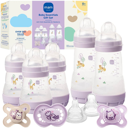 MAM Newborn Essentials "Baby Essentials" Matte Gift Set (9-Piece), Easy Start Anti-Colic Baby Bottles, Baby Pacifiers, Girl