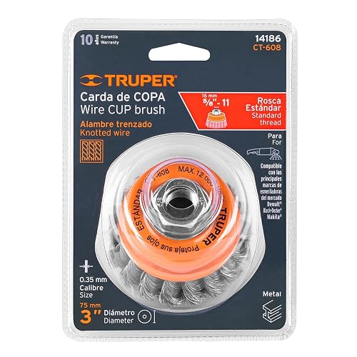 Truper CT-608, Carda de copa, alambre trenzado fino, 3" para esmeril