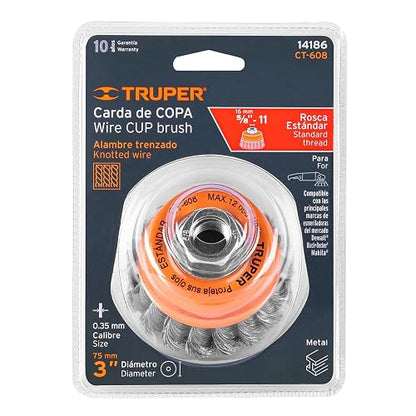 Truper CT-608, Carda de copa, alambre trenzado fino, 3" para esmeril