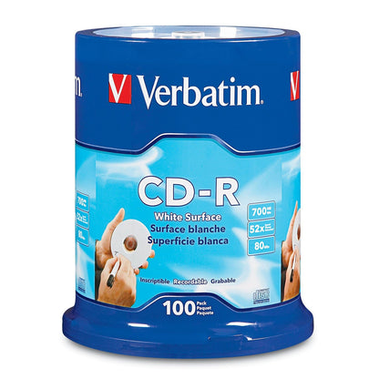 Verbatim Discos CD-R Grabables 700 MB, 52x - Paquete de 100 - Superficie Blanca - empaque estándar