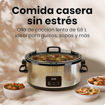 Chefman Olla de cocción lenta eléctrica de 7 cuartos con tapa de bloqueo, olla de cocción lenta programable con tres temperaturas digitales para platos principales, sopas y guisos,Acero inoxidable