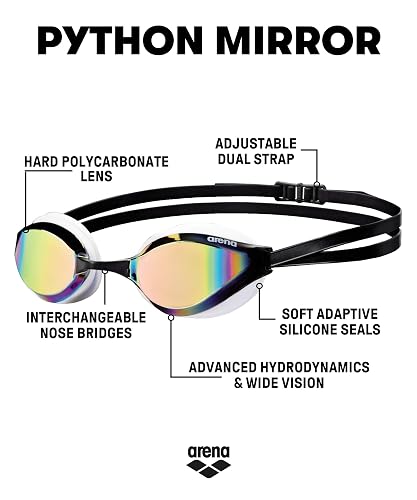 Arena Unisex Python Racing Swim Goggles for Men and Women Anti-Fog Max Comfort Dual Strap, Mirror/Non-Mirror Lens