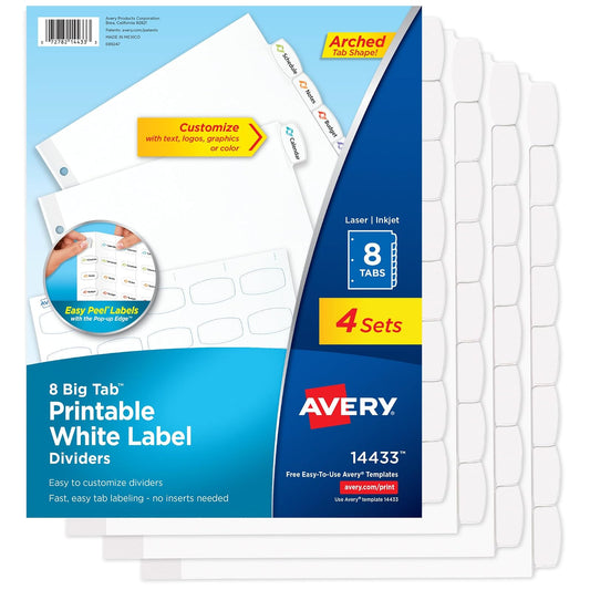 Avery - Separadores de etiquetas blancas imprimibles con pestañas grandes para carpetas de 3 anillos, 8 pestañas por juego, blanco, ideal para suministros de oficina, suministros escolares