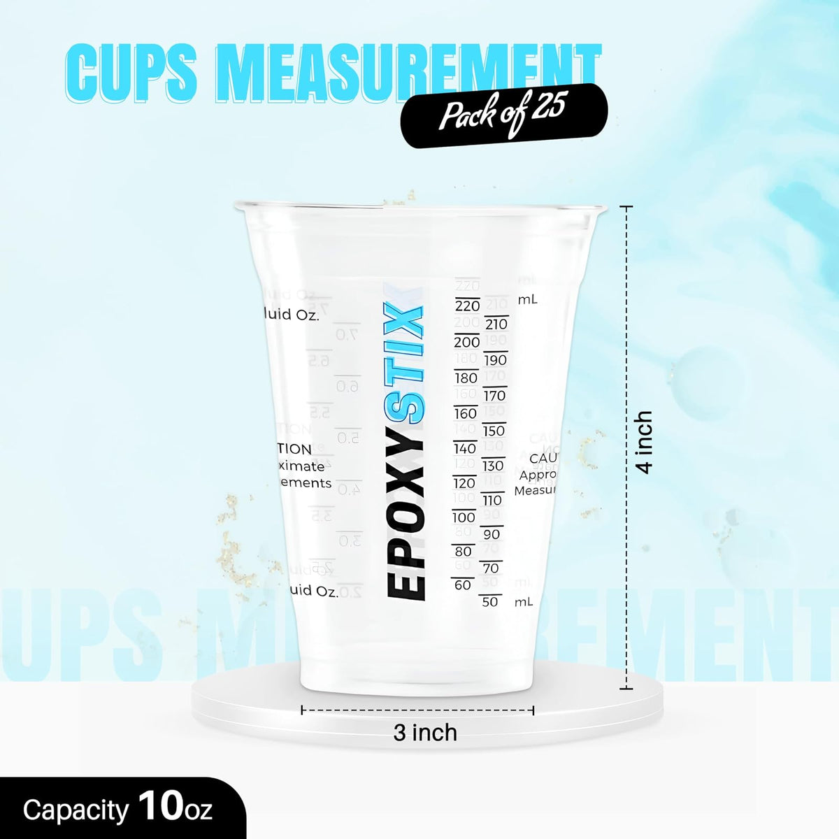 Paquete de 25 tazas medidoras graduadas desechables de 10 onzas para mezclar, medidas en ml y onzas, tazas reutilizables multiusos para pintura, resina epoxi, manchas, vasos mezcladores líquidos