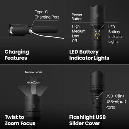 Feit Linterna eléctrica Flex Power, 7000 lúmenes, LED ultrabrillante, recargable y compatible con batería AA, aluminio de grado aeronáutico, carga USB-C, 3 modos de luz, luz de emergencia con