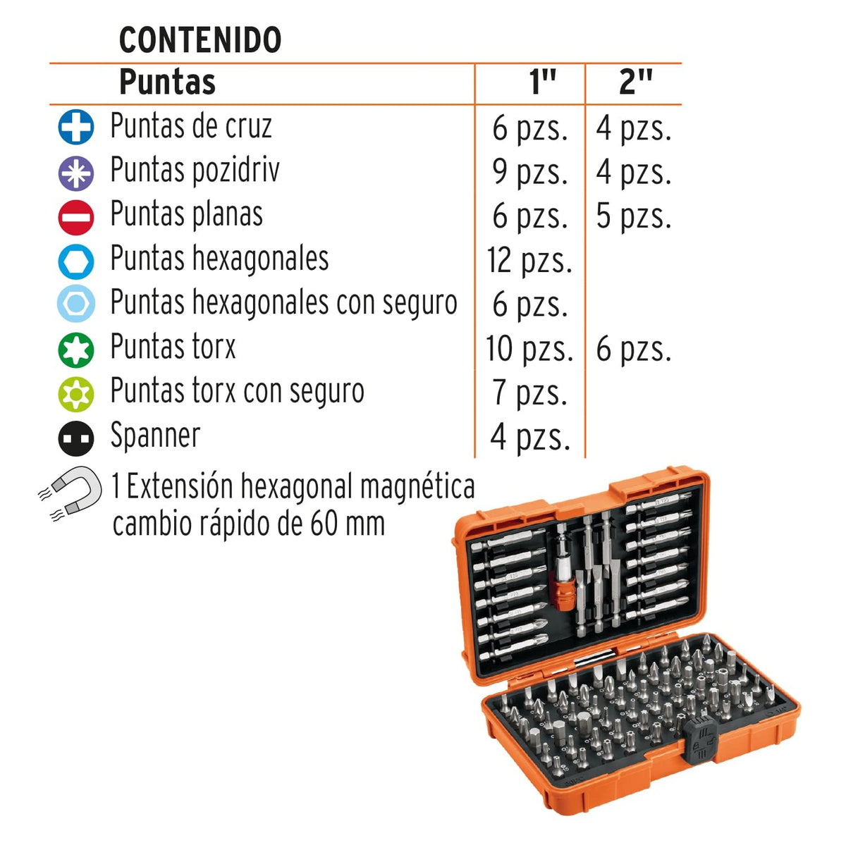 Truper Expert PUN-80X, Juego de puntas mixtas 1" y 2", 80 piezas